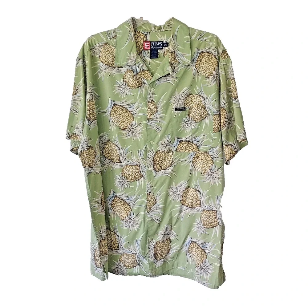 Vtg Chaps Ralph Lauren‎ Shirt Mens Large Pineapple Loop Collar Hawaiian Camp Y2K